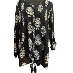 Lucky Brand Blouse 2X Womens Semi Sheer BlackTop Coastal Casual Lagenlook Beach